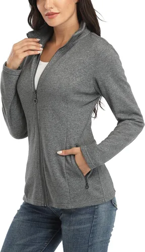 Vista 2 de WUDODO Chaqueta con cremallera completa para mujer, cuello alto, sin capucha, de algodón, ajustada, con bolsillos