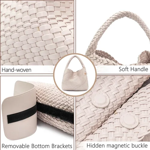 Vista 5 de PS PETITE SIMONE Bolso de mano tejido para mujer, bolso grande tejido de cuero, bolso trenzado, bolso tejido color avellana, A-Cremy blanco