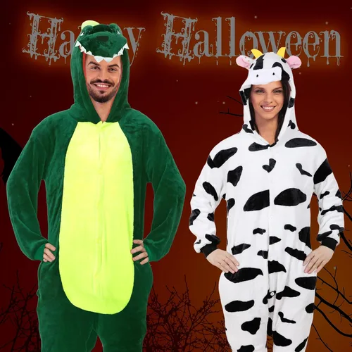 Vista 3 de Tisancy Halloween 3 piezas Unisex Adulto Animal Pijama de felpa jirafa dinosaurio vaca disfraz animal Cosplay traje para hombres mujeres