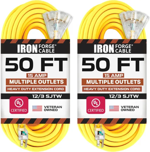 Vista 9 de Iron Forge Cable Cable de extensión resistente de calibre 12, 2 pies, color amarillo SJTW 12/3 Outdoor Cable, Lighted End, 3 Prong Grounded Plug