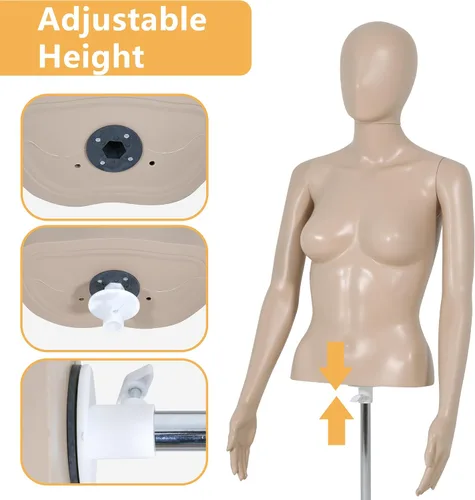 Vista 6 de Maniquí de costura femenino de 39 a 56 pulgadas, maniquí de medio cuerpo ajustable con base de metal, soporte de maniquí para ropa de exhibición
