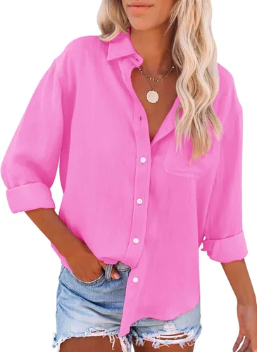 Vista 12 de Siliteelon - Camisas de botones para mujer, camisa de vestir a rayas de algodón, de manga larga, cuello con solapa, para oficina y trabajo