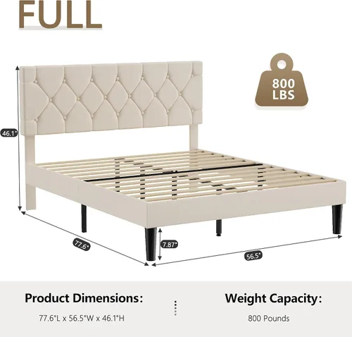 Vista 2 de VECELO Base de cama tamaño completo con cabecera capitoné con botones, plataforma tapizada con soporte de listones de madera, no necesita somier