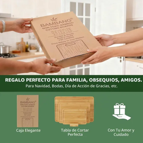 Vista 7 de BAMBANG Juego de tablas de cortar de bambú, tablas de cortar de madera de 3 piezas para cocina, bloque de carnicero no tóxico con ranura para jugo
