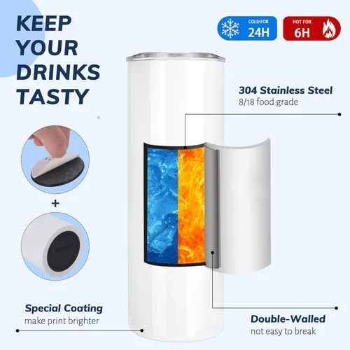 Vista 3 de D·S 1 Paquete Vasos Tumbler de Sublimación 20 oz Delgados Rectos Fondo Plano en Blanco con Caja de Regalo Individual para Transferencia de Calor