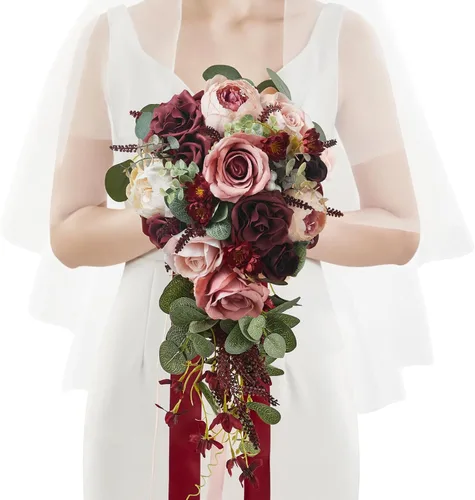 Vista 28 de Serwalin Ramos de boda de 9.8 pulgadas para novia y dama de honor, peonías rosa empolvado, ramos de flores de novia para boda, ramo de lanzamiento
