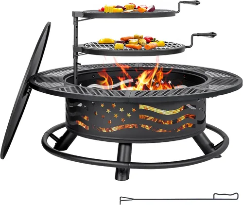 Vista 7 de Panovue - Fogata de 36 pulgadas con 2 rejillas de cocina, parrilla de acero redonda para leña al aire libre, con tapa, para barbacoa, fogata, pícnic
