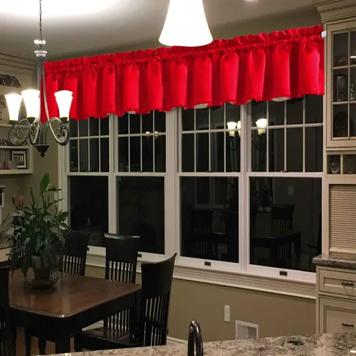 Vista 2 de Cenefa de ventana extra ancha roja para dormitorio, sala de estar, cocina, baño, media ventana, juego de paneles de cortina corta, 1 pieza Rojo