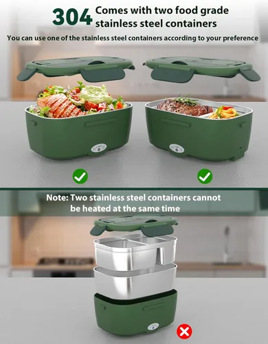 Vista 3 de Lonchera eléctrica para adultos, lonchera de 80 W con doble contenedor de acero inoxidable de 1.5 L, calentador de alimentos portátil con bolsa
