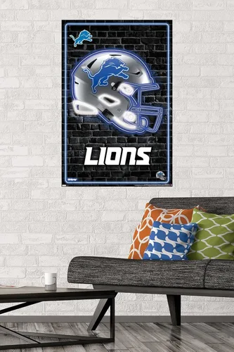 Vista 2 de NFL Detroit Lions - Póster de pared con casco neón 23, 34 pulgadas de largo x 22.4 pulgadas de ancho, versión sin marco