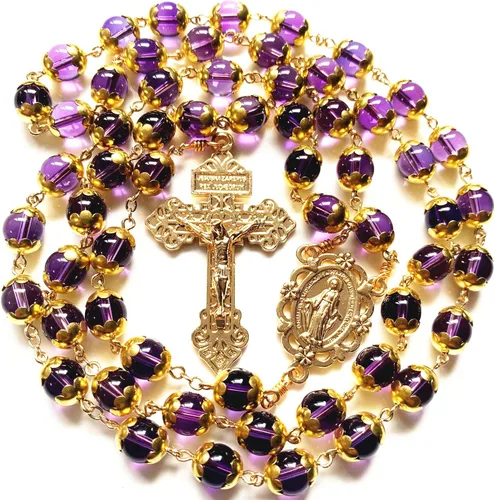 Vista 7 de elegantmedical HECHO A MANO ORO NATURAL 8MM AMATISTA CUENTAS ROSARIO CRUZ CATÓLICO COLLAR CAJA DE REGALO, Cristal