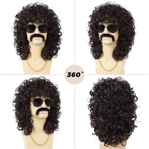 Vista 3 de Peluca negra de los años 70 y 80 para hombre, gafas, cadena dorada, bigote, gorra de peluca, pelucas divertidas sintéticas largas y rizadas