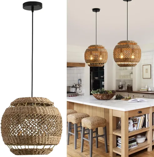 Vista 11 de lámparas colgantes de ratán, luz colgante de ratán boho de 11.02", juego de 2 lámparas colgantes tejidas a mano de seagrass para lugares de trabajo