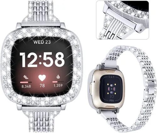 Vista 8 de MOFREE Compatible con Fitbit Versa 4 bandas/Fitbit Sense 2 bandas mujeres con funda protectora rígida para parachoques, joyería elegante, pulsera