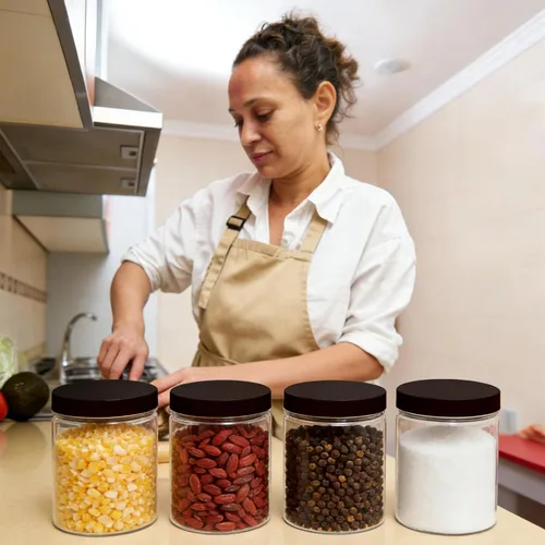 Vista 5 de Paquete de 12 tarros de plástico de 8 onzas con tapas, recipientes de almacenamiento transparentes de boca ancha con tapas negras, tarros