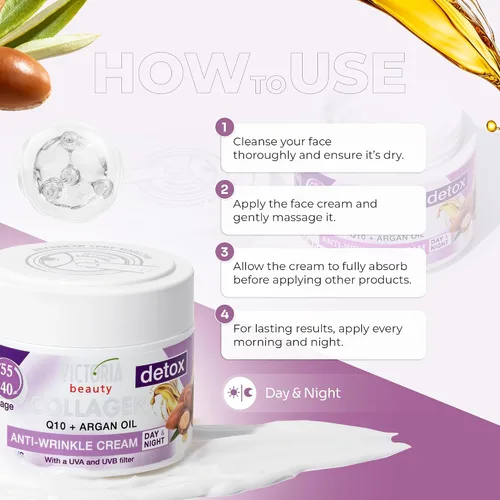 Vista 7 de Skin Care Detox Crema facial de día y noche hidratante antienvejecimiento con colágeno, ácido hialurónico, Q10, aceite de argán y un filtro UVA/UVB
