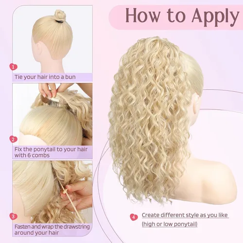 Vista 8 de HOOJIH Extensión de cola de caballo, extensiones de cabello rizado ondulado con cordón, extensiones de cola de caballo falsas extra esponjosas Rubio