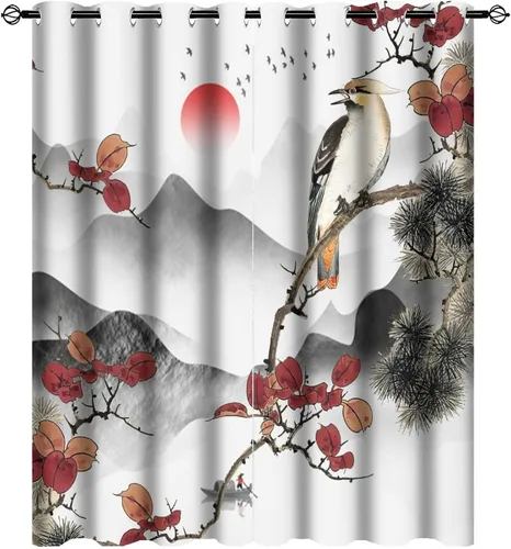 Vista 16 de Cortinas opacas para oscurecer la habitación con ojales, diseño de flores japonesas con ojales, arte retro de primavera y ramas florales, arte