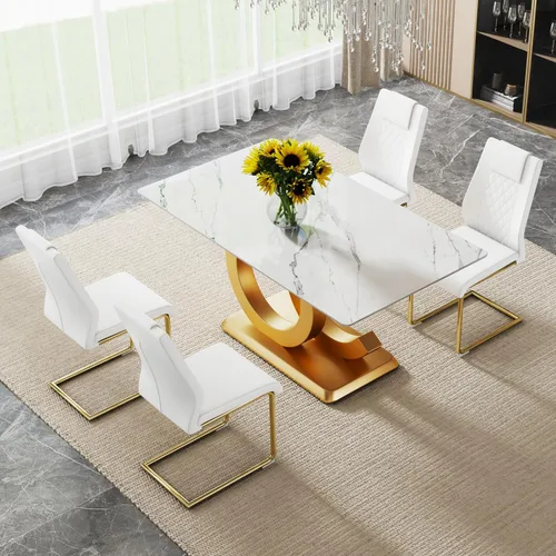 Vista 12 de Ebullient Juego de Mesa de Comedor Moderno para 4, Juego de 5 Piezas de Mesa de Comedor y Sillas para 4, Tablero de Mesa de Mármol PDLB y Base