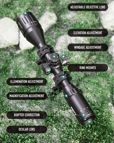 Vista 2 de Pinty Rifle Scope AO Red Green Blue Illuminated Mil Dot with Flip-Open Covers, Sunshade Tube