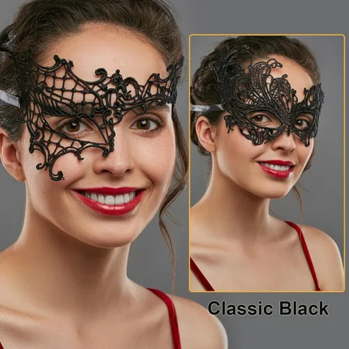 Vista 6 de MYMENU Máscaras de mascarada para mujer, de encaje, Halloween, veneciano, carnaval, para disfraz, cosplay, Mardi Gras, fiesta de baile Negro