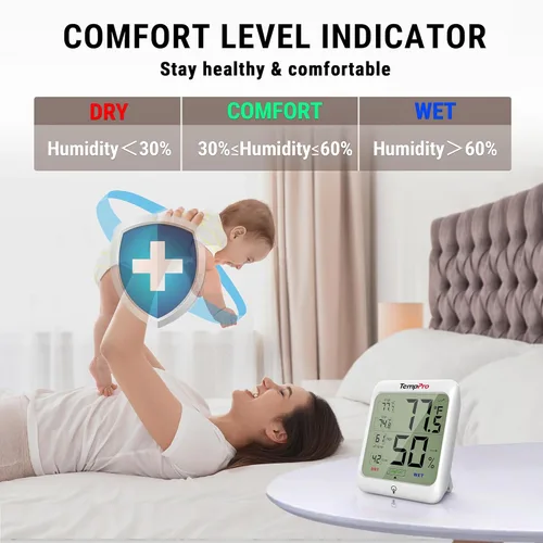 Vista 3 de ThermoPro TP53 - Higrómetro digital Termómetro interior para el hogar, sensor de temperatura y humedad con indicador de confort y registros