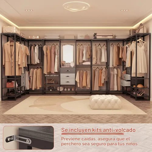 Vista 3 de Aheaplus Organizador de Closet de Madera para Colgar Ropa, Perchero de Ropa Resistente, Sistema de Closet en Esquina en Forma de L Grande con 3