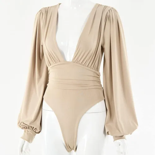 Vista 6 de Weigou - Body o enterizo de manga larga con cuello en V, plisado, holgado, para mujer, camisas de leotardo