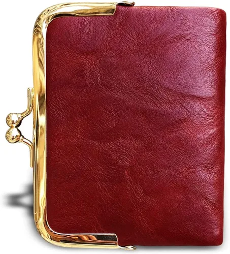 Vista 17 de AOXONEL Cartera para mujer, pequeña, Rfid, compacta, plegable, de piel, vintage, con cremallera y cierre de beso