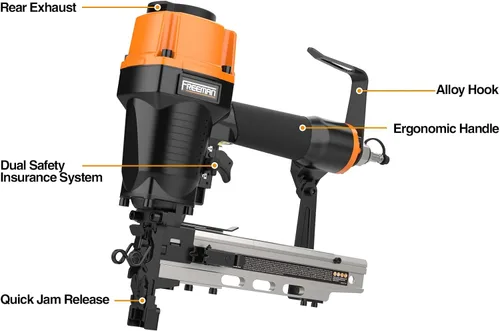Vista 7 de Freeman PFS105 Engrapadora neumática de calibre 10.5 de 1-9/16 pulgadas con gancho de cinturón de metal ajustable y estuche PFS105