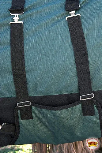Vista 5 de HILASON Manta impermeable 1200D para caballos de invierno con cubierta para el cuello y envoltura para el vientre 74 pulgadas Hunter verde negro