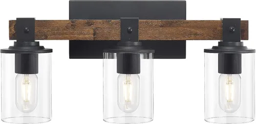 Vista 4 de DUJAHMLAND Lámpara de tocador de granja, lámpara de pared de madera de baño de 3 luces sobre espejo con pantalla de vidrio transparente, iluminación
