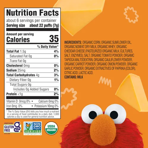 Vista 2 de Earth's Best Snacks orgánicos de sésamo para niños pequeños, soplos vegetales, cheddar, 1.55 onzas (paquete de 4)