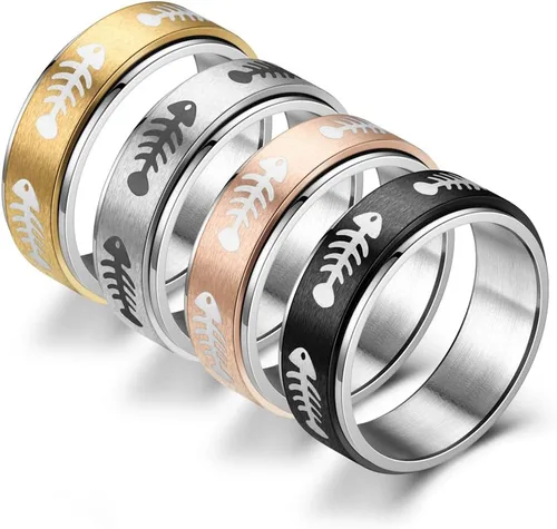 Vista 3 de OAKKY Anillo de dedo giratorio unisex de acero inoxidable con personalidad vintage y hueso de pescado