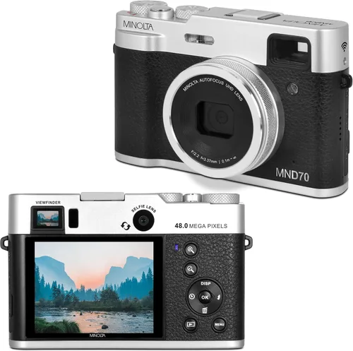 Vista 10 de Minolta Cámara digital retro – Compacta de 48MP con enfoque automático, video ultra HD de 5K, lente selfie trasera, zoom 16x, WiFi, pantalla LCD