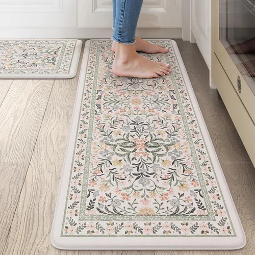 Vista 14 de Collive Tapete Anti Fatiga para Piso de Cocina, Tapetes de Cocina con Diseño Floral Primaveral para Piso Juego de 2, Alfombras para Fregadero Beige