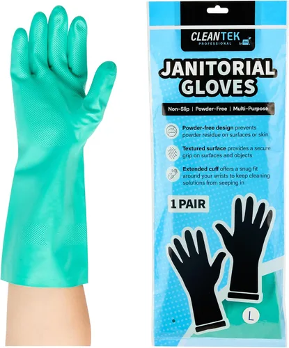 Vista 24 de Restaurantware Guantes de limpieza verdes, 10 pares de guantes de nitrilo de 15 mil de grosor, pequeños y resistentes con puño largo, forro
