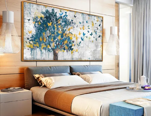 Vista 12 de Kepgonegu Arte de pared de árbol de la vida grande para sala de estar, paisaje, impresiones en lienzo coloridas de mariposas para dormitorio