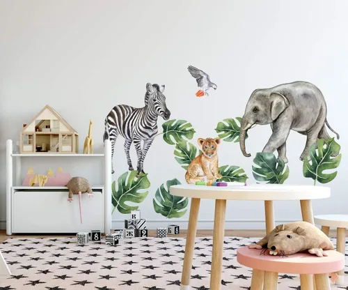 Vista 2 de Kids Wall Decals Nursery Tropical Wall Sticker Safari Animals Decal Exotic Decals Leaf Wall Sticker Kids Room Nursery