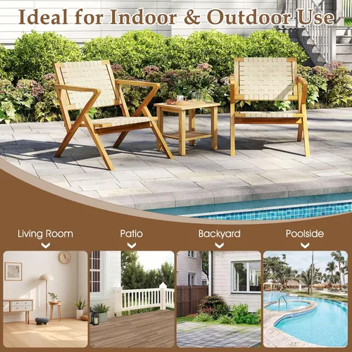 Vista 9 de Tangkula Silla de comedor de madera de teca para exteriores, sillón rústico de madera para patio con asiento y respaldo de cincha, para sala