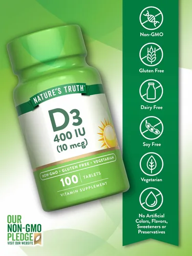 Vista 3 de Vitamina D3 400 iu (10 mcg) 100 tabletas Vegetariano, sin OMG, suplemento sin gluten Por Nature's Truth