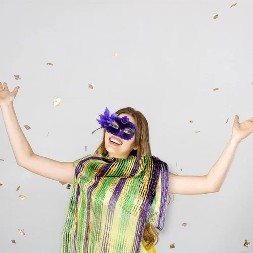 Vista 5 de Mardi Gras - Bufanda de malla brillante con máscara de plumas de purpurina morada accesorio de disfraz de Mardi Gras disfraz de mascarada para Mardi