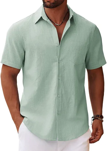 Vista 13 de COOFANDY Camisa de manga corta con botones para hombre, casual, de algodón, para verano, playa, lino, para boda, con bolsillo