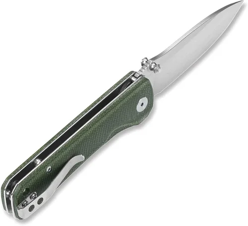 Vista 4 de QSP Hawk - Cuchillo de bolsillo plegable, 3.22 pulgadas Sandvik 14C28N Cuchillo EDC de dos tonos de hoja de satén, mango de micarta verde, bloqueo