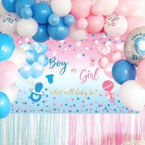 Vista 2 de Avezano Telón de Fondo de Revelación de Género Niño o Niña Cartel Pancarta Estrellas Azules y Rosas Puntos Tema de Globos Decoraciones de Fiesta