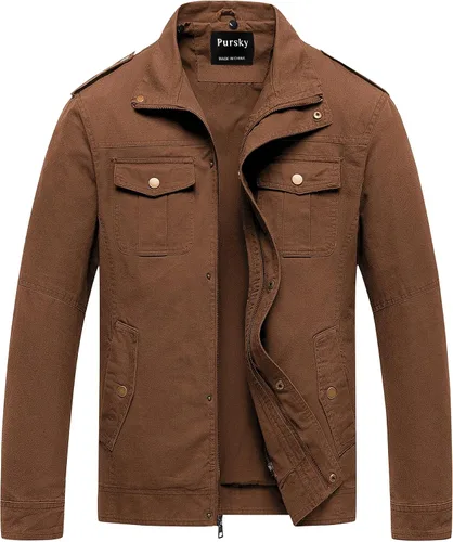 Vista 20 de Pursky Chaqueta Militar de Hombre Chaqueta de Algodón Lavado Casual con Capucha de Lienzo Abrigo de Otoño