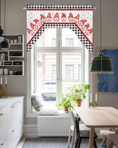Vista 5 de Cortinas de Gnomos de San Valentín con Cenefa para Cocina, Cortinas con Bolsillo para Barra para Dormitorio, Sala de Estar, Baño, Cafetería, Negro