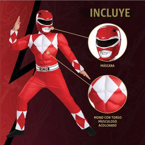 Vista 2 de Disfraz de Red Ranger muscular, disfraz oficial de Power Rangers con máscara