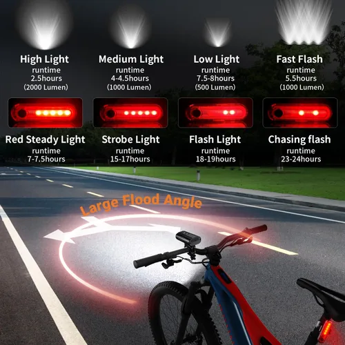 Vista 2 de Yosky Luces de bicicleta de 2000 lúmenes para conducción nocturna EVO 6800mAh 6 LED Faros y luces traseras de bicicleta recargable delantera