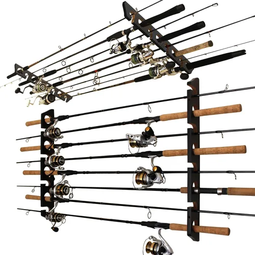 Vista 8 de Rush Creek Creations 8 Fishing Rod Wall or Ceiling Storage Rack, Vertical or Horizontal Holder for Garage, 8 Rod and Reel Combo Capacity